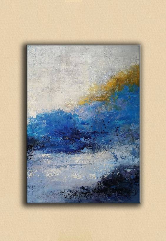Dining Handmade Blue Gold Leaf Abstract Canvas Artwork 7LC93